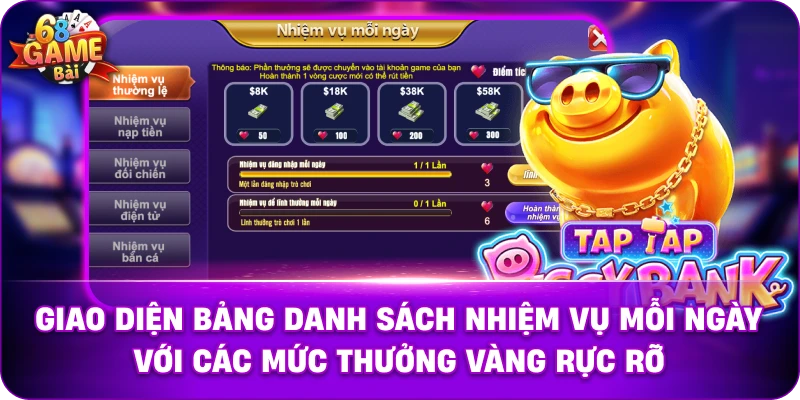 Giao diện bảng danh sách Nhiệm vụ mỗi ngày 68game bài với các mức thưởng vàng rực rỡ.